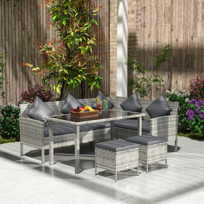 tsunny 6-Seater Rattan Dining Set Sofa Table Footstool Outdoor w/ Cushion Garden Furniture, Dark Grey