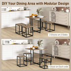 Modular dining set with square brown table and 4 stools, arranged for flexible seating
