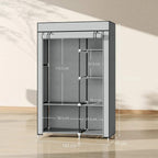 Light grey fabric wardrobe display with front shelves, hanging rail, and frame dimensions