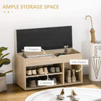 Oak-tone shoe storage bench with open lid, shelves, side pocket, and drawer compartments