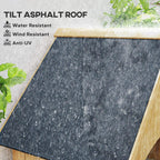 Asphalt tilt roof panel on natural wood garden shed, dark textured surface