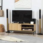 Wood-effect TV stand with sliding door storage and two open media shelves, black legs.