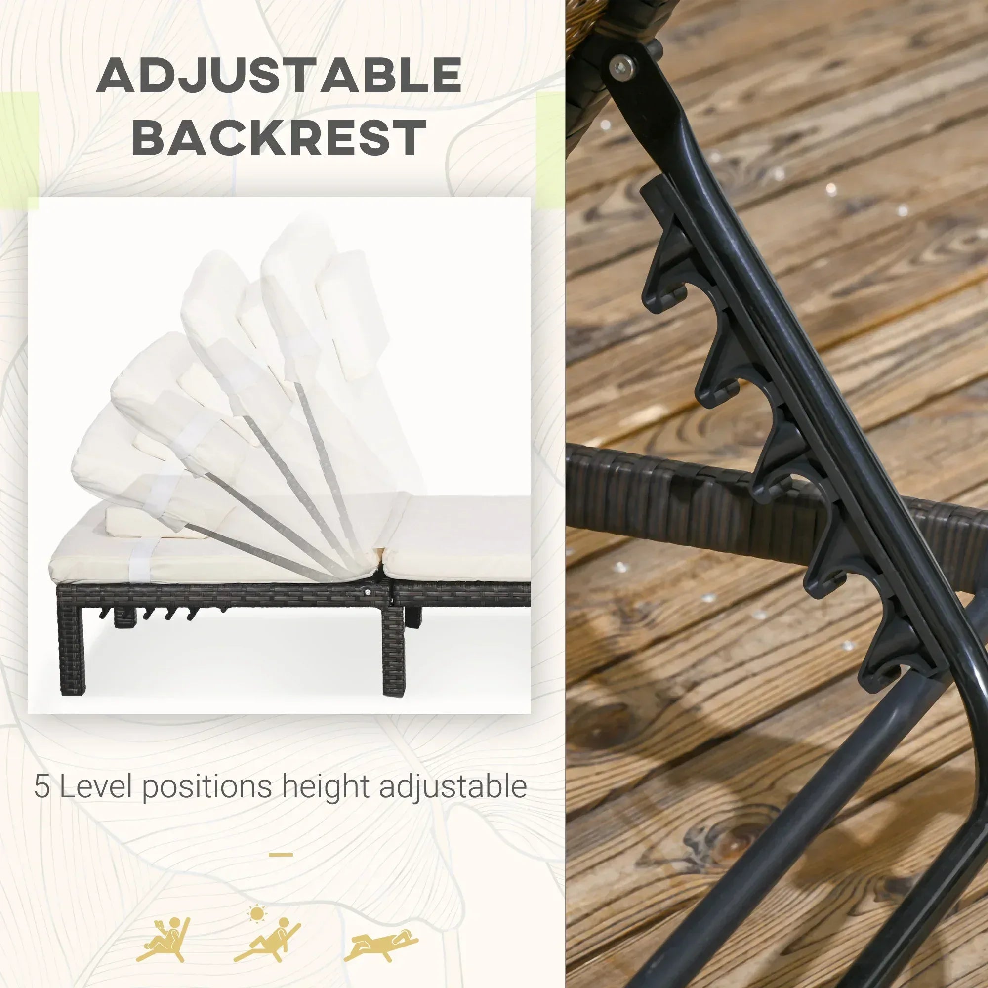 Set of Two Reclining Rattan Sun Loungers, with Cushions - Brown/Cream - Bobobiy