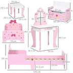 Pink princess bedroom furniture set with bed, vanity table, stool, and storage box (size view)
