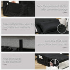 Black fabric sleeper chair bed details: two-compartment pocket, anti-slip feet