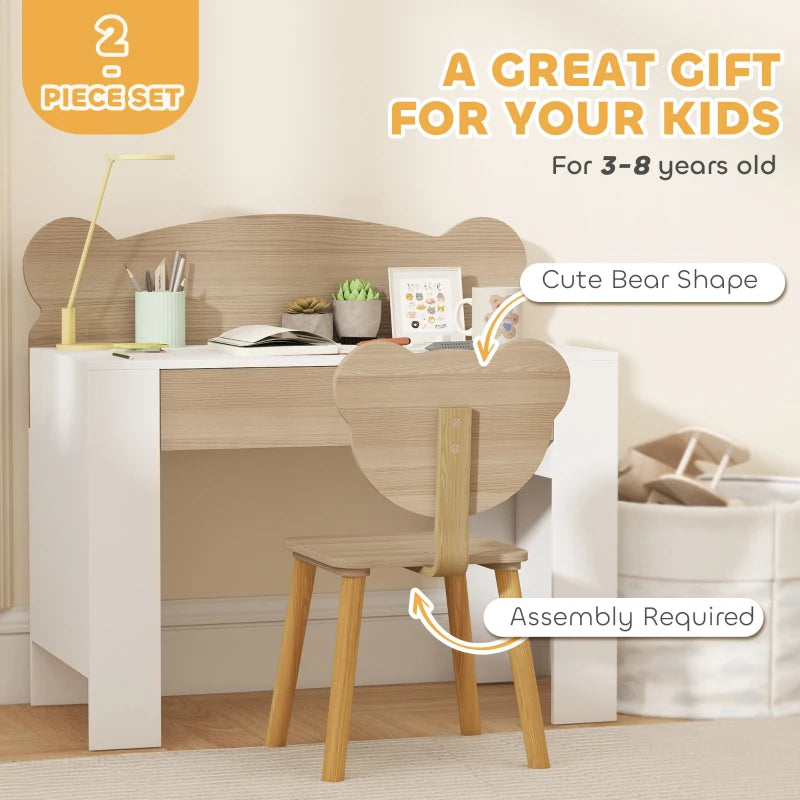 Kids desk and chair set with drawer; bear-shaped chair backrest and natural wood finish