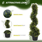 Green spiral artificial topiary tree with dense foliage in a black pot