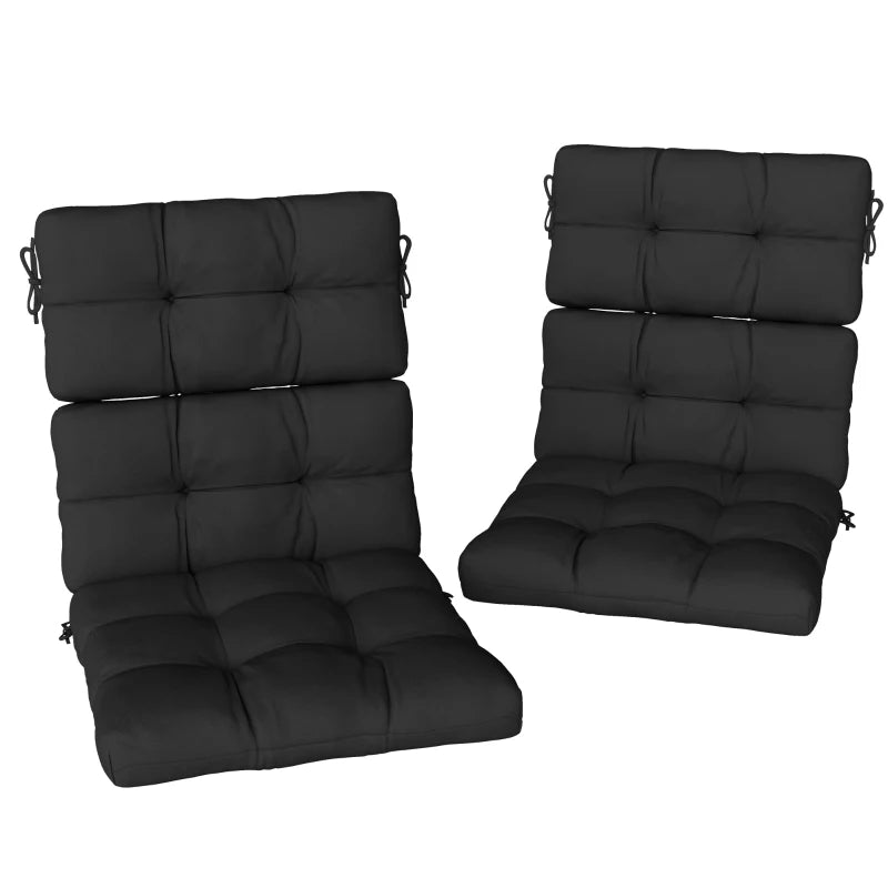 Black patio chair seat and back cushions set with tie straps, quilted