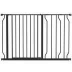Black pressure-mounted pet safety gate with vertical bars and a hinged door panel