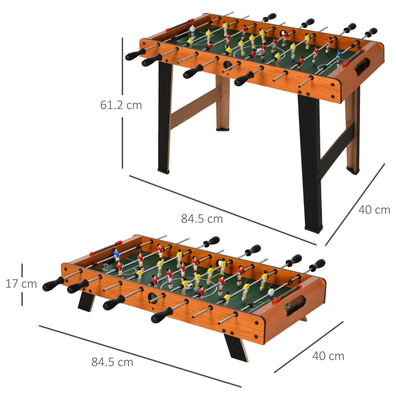 Foosball table with dimensions shown, natural wood finish and green playing field
