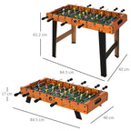 Foosball table with dimensions shown, natural wood finish and green playing field