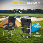 Folding camping armchairs beside a portable folding table, black mesh and silver legs