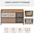Wood-topped dresser with five linen fabric drawers; open side storage compartment