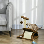 Brown and cream cat tree with platforms and dangling ball, used by a sitting kitten