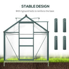 Stable dark green greenhouse frame with base posts and ground bolts holding structure