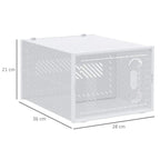 Clear plastic stackable shoe box with magnetic front door, shown open.