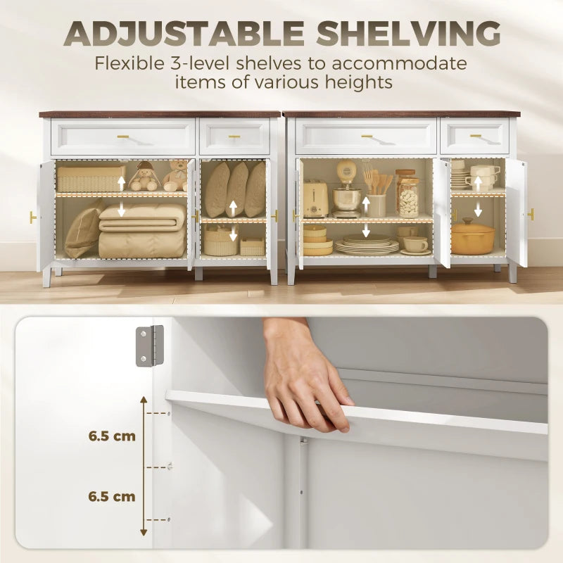 White cabinet interior with adjustable shelf positions and drawer with gold pull.