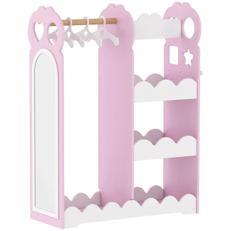 Kids pink dress-up wardrobe with full-length mirror, hanging rail, and open shelves