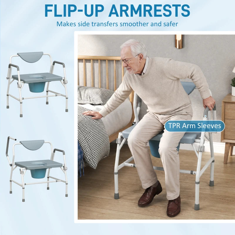 Bedside toilet chair with flip-up armrests and blue seat panel on white metal frame