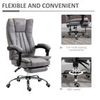 Grey microfibre desk chair with 360° swivel base, armrests, and retractable footrest