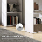 White open bookshelf storage cubbies with books and baskets