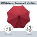 Red polyester patio umbrella canopy with wind vent