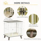 Dog crate end table with lock on front door, ventilated side panels, raised base