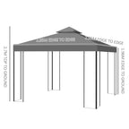 Grey steel gazebo canopy with open sides, four posts, and double-tier roof