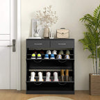 Black shoe storage cabinet with open flip compartments holding shoes; metal bar handles