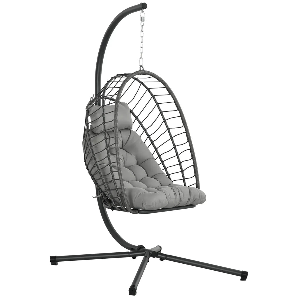 Outdoor PE Rattan Swing Chair with Foldable Basket and Cushion, Garden Patio Hanging Egg Chair with Metal Stand, Headrest for Indoor and Outdoor, Light Grey - Bobobiy
