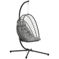 Outdoor PE Rattan Swing Chair with Foldable Basket and Cushion, Garden Patio Hanging Egg Chair with Metal Stand, Headrest for Indoor and Outdoor, Light Grey - Bobobiy