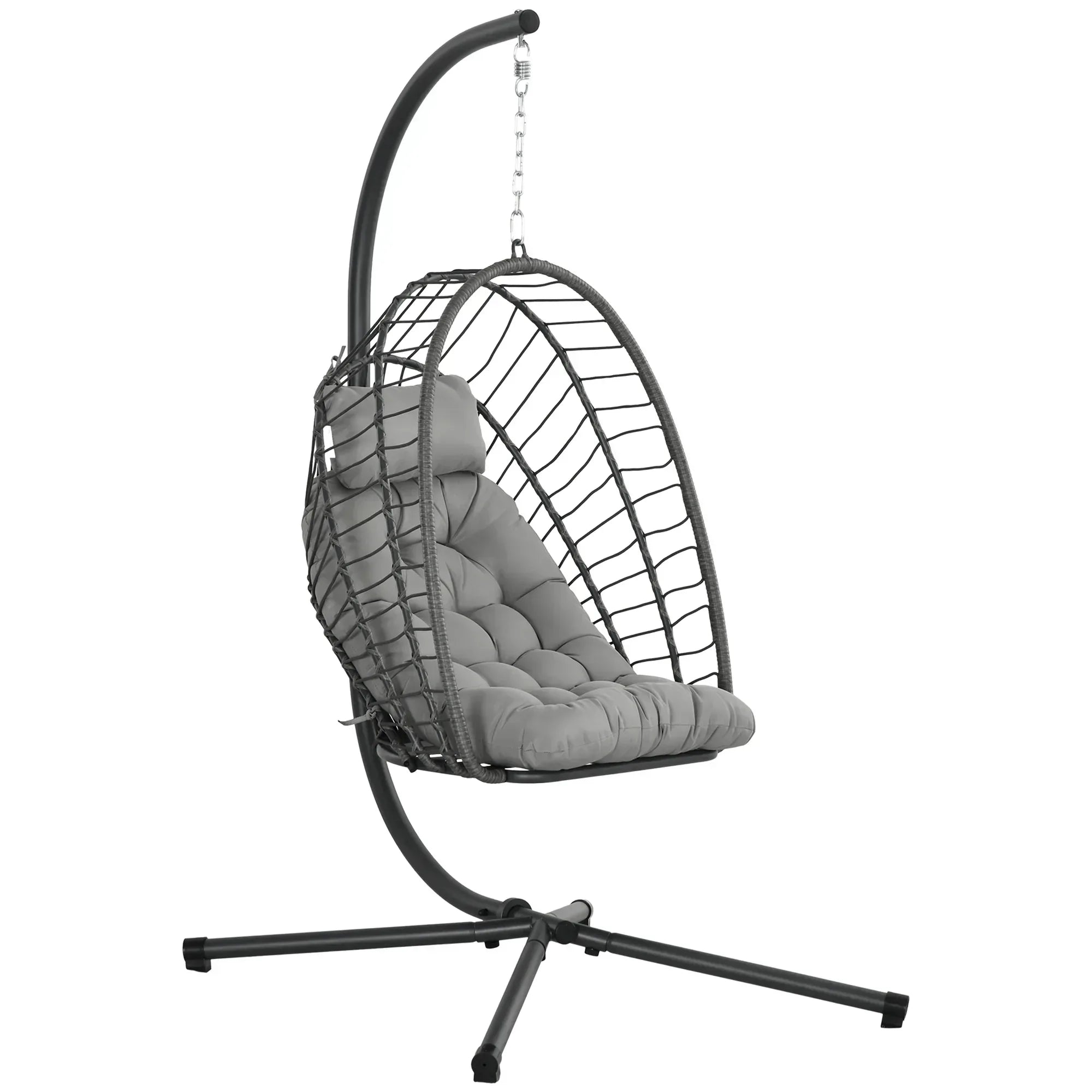 Outdoor PE Rattan Swing Chair with Foldable Basket and Cushion, Garden Patio Hanging Egg Chair with Metal Stand, Headrest for Indoor and Outdoor, Light Grey - Bobobiy