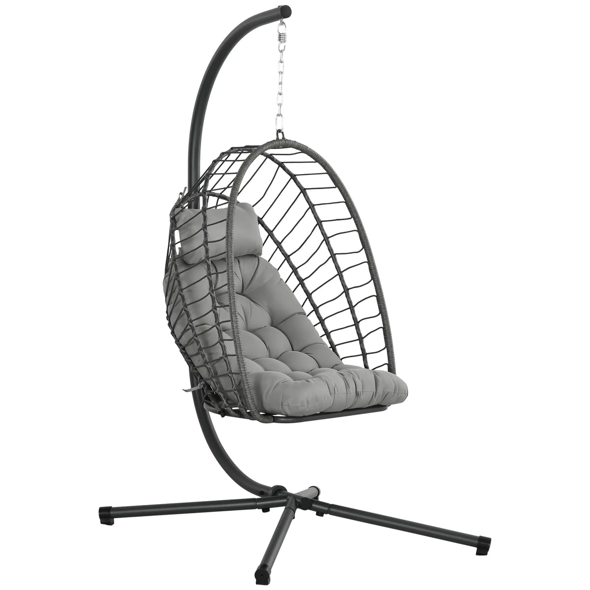 Outsunny Outdoor PE Rattan Swing Chair with Foldable Basket and Cushion, Garden Patio Hanging Egg Chair with Metal Stand