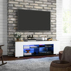 White TV cabinet with open shelves and adjustable LED lights illuminating storage units