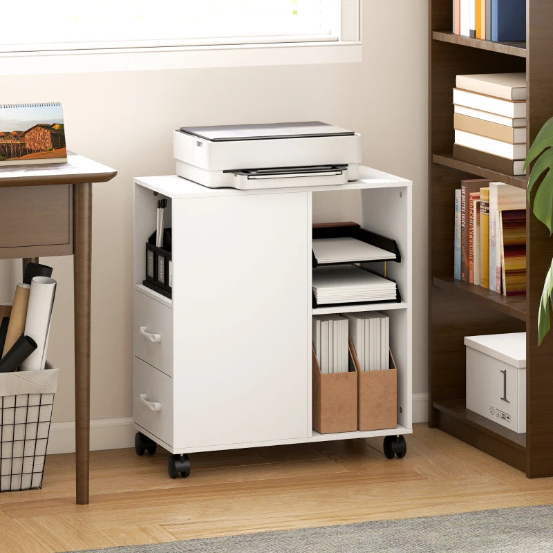 White rolling printer stand with open shelves, two drawers, and caster wheels at desk