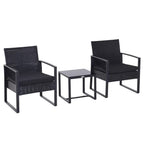 Black rattan wicker coffee set with two chairs and square side table