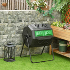 Black dual-chamber composter on stand with green front access panels