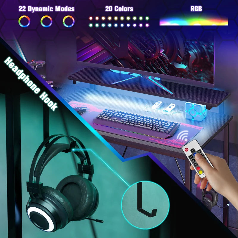 Black desk with blue LED under-panel lighting and RGB control remote