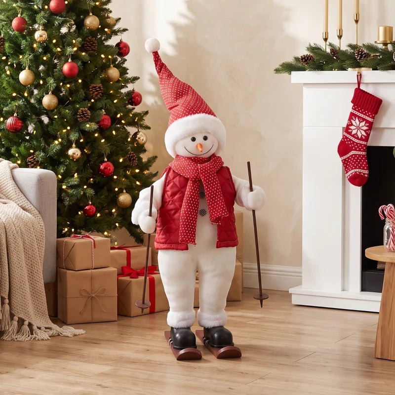 Christmas skiing Santa figure with red scarf and red cone hat, standing with ski poles