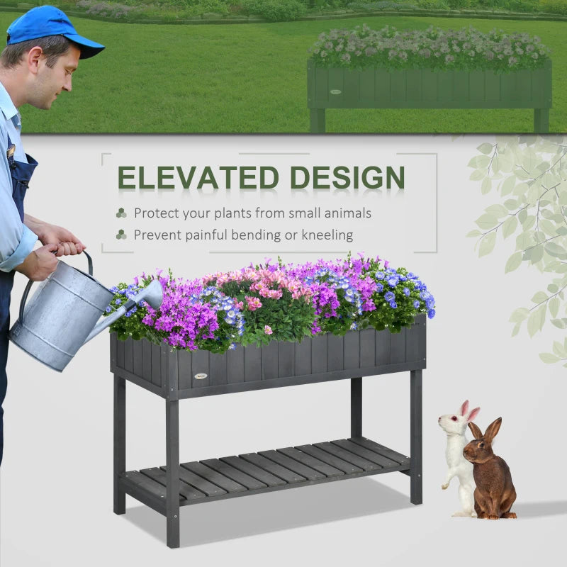 Dark grey rectangular plant stand with 8 planters and bottom shelf, watering scene