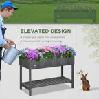 Dark grey rectangular plant stand with 8 planters and bottom shelf, watering scene