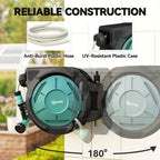 Retractable hose reel showing 180° swivel and teal drum close-up