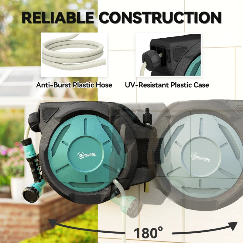 Retractable hose reel showing 180° swivel and teal drum close-up