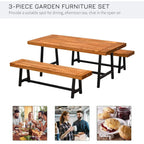 3-piece acacia wood picnic table set with two benches, black steel legs, natural finish