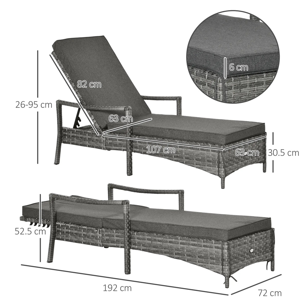 Outsunny Patio Rattan Sun Lounger, Dual Wicker Weave Outdoor Single Reclining Chair Furniture, 5 Level Adjustable