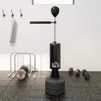 Freestanding speed bag stand with rotating arm, black base, and hanging speed bag