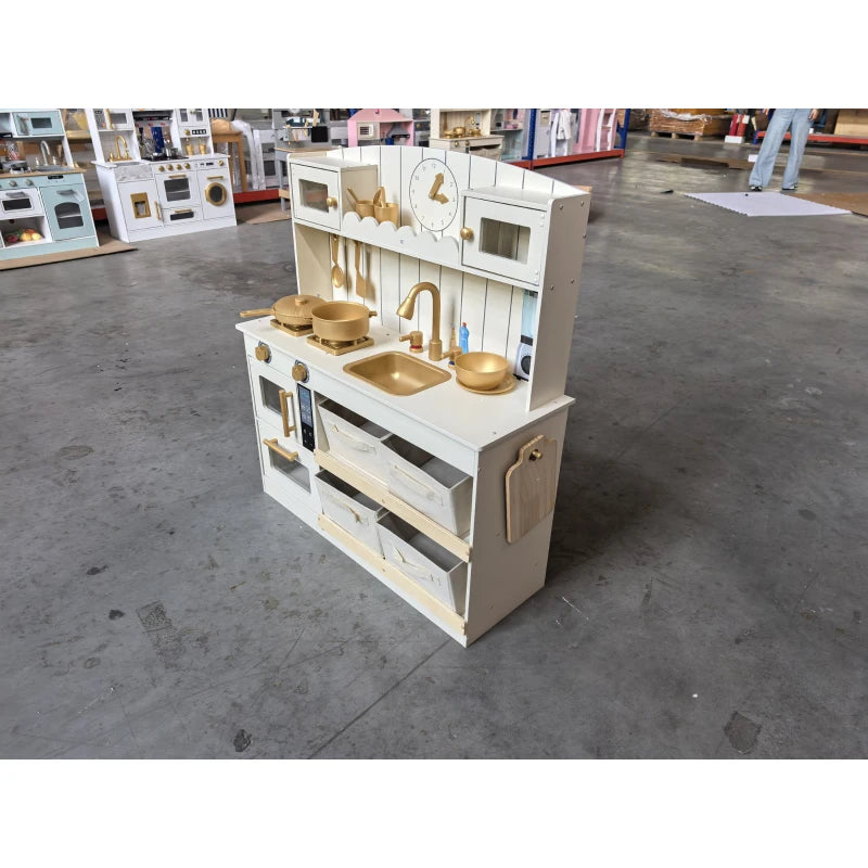 Cream kids play kitchen toy with side access panels, sink area, and stovetop