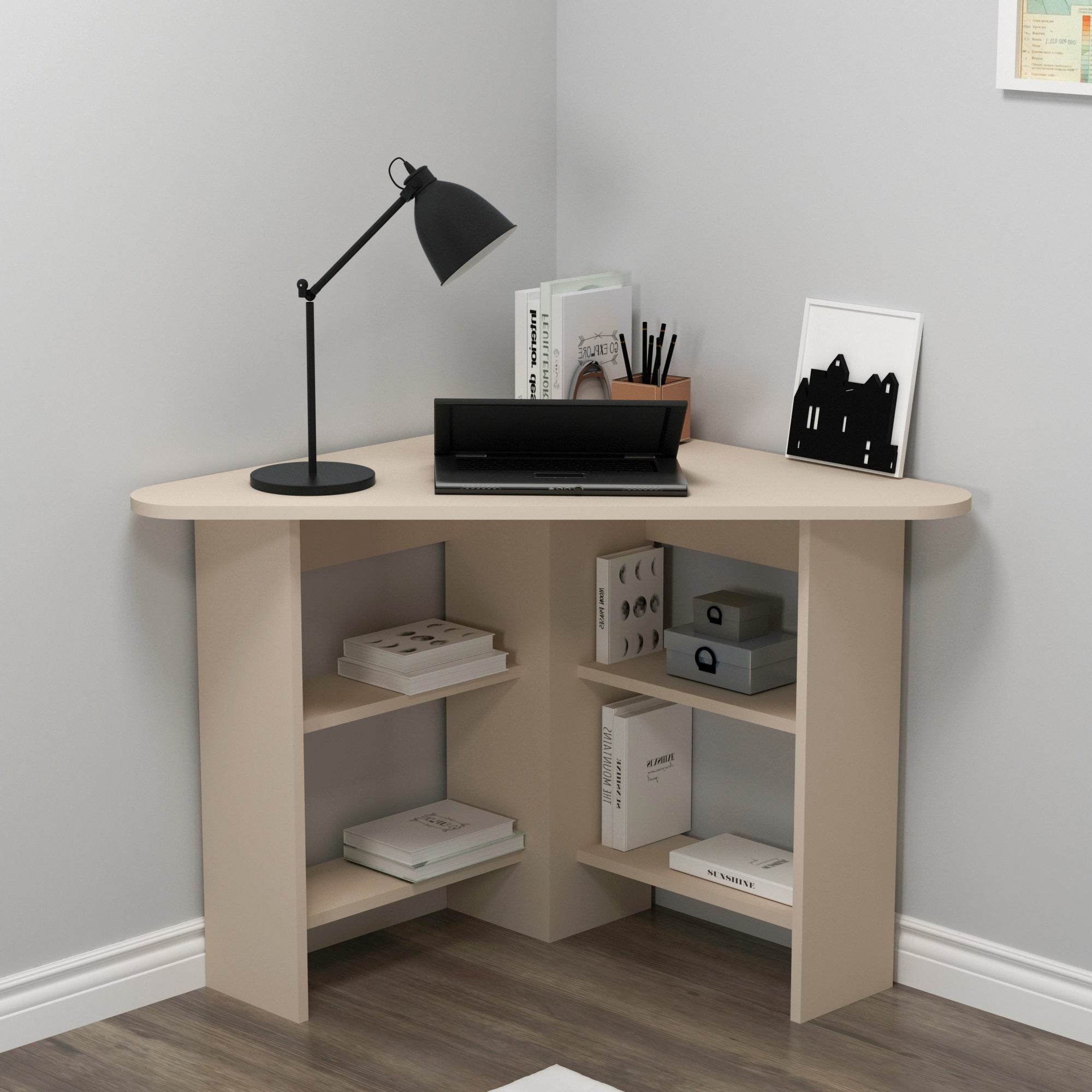 Corner Computer Desk with Shelves-Gredos