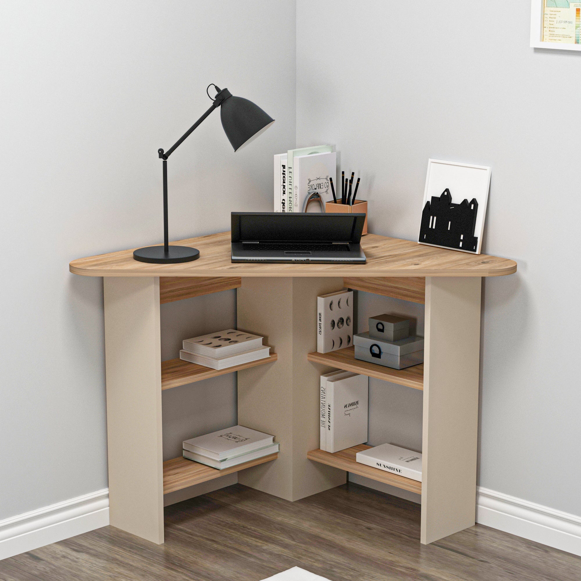 Corner Computer Desk with Shelves-Gredos