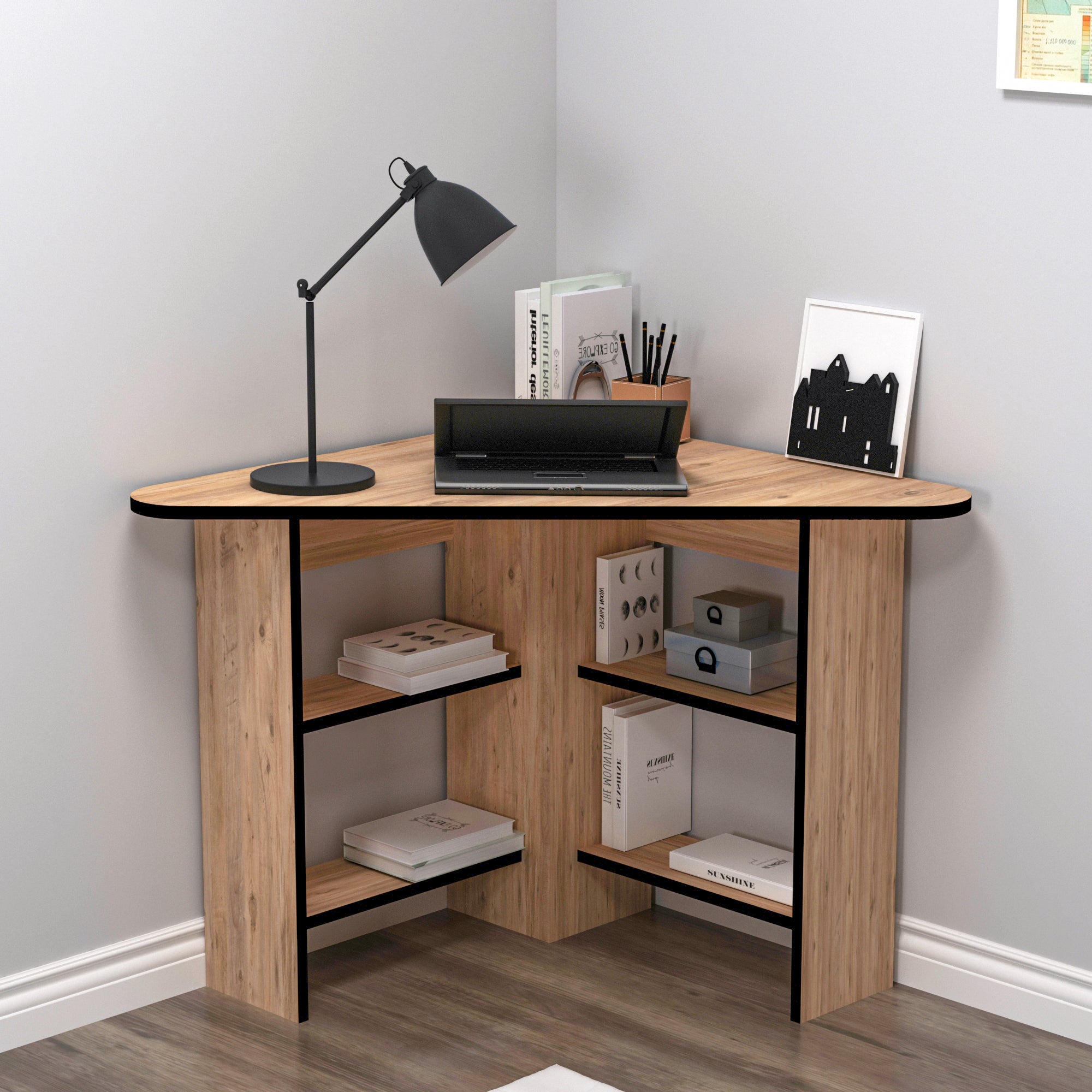 Corner Computer Desk with Shelves-Gredos